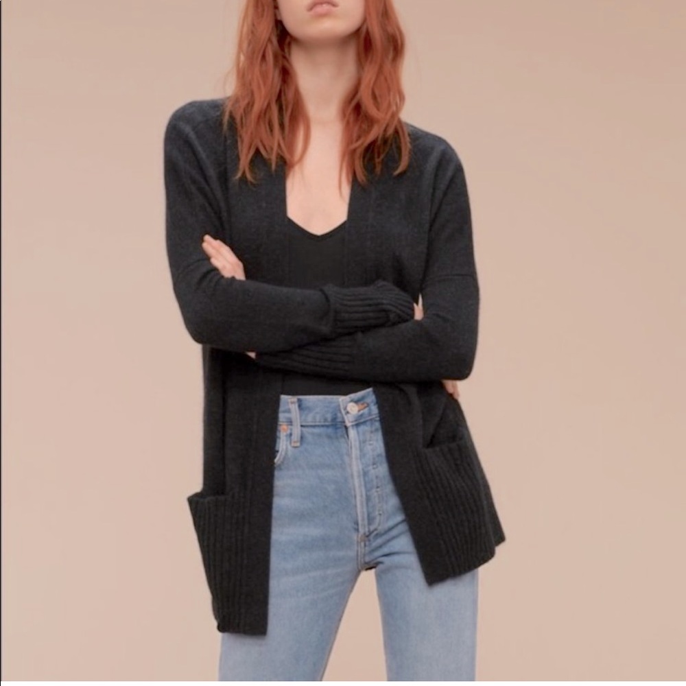 - Aritzia Talula Cashmere Blend Black Open Cardigan Front Patch Pockets size S